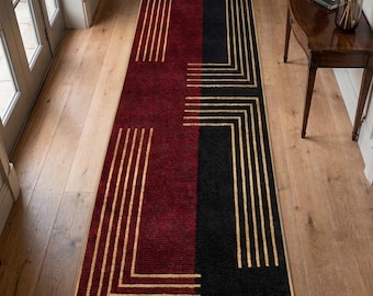 Hand Tufted Wool Runner Rug, Burgundy Black Gold Geometric Art Deco Carpet