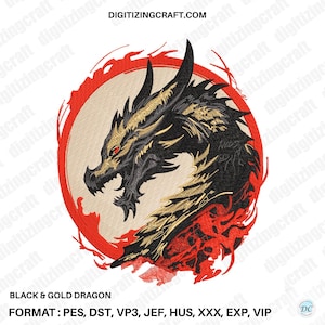 May include: An embroidery design featuring a black and gold dragon head profile set against a circular beige background with red accents. The text DIGITIZINGCRAFT.COM, BLACK & GOLD DRAGON, and file formats PES, DST, VP3, JEF, HUS, XXX, EXP, VIP are visible.