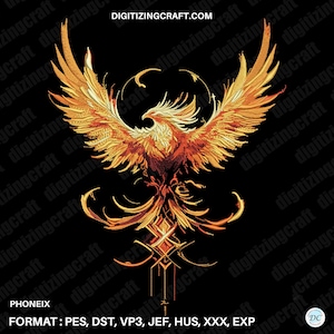 May include: An embroidery design of a phoenix with wings spread wide, featuring vibrant shades of orange, yellow, and red thread on a black background. The text DIGITIZINGCRAFT.COM, PHONEIX, and FORMAT : PES, DST, VP3, JEF, HUS, XXX, EXP are visible.