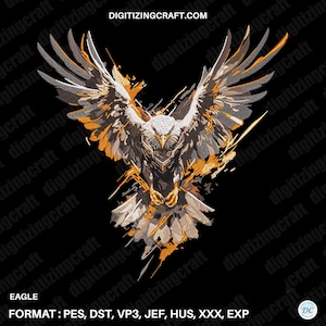 May include: An embroidery design featuring a stylized eagle with wings spread wide, rendered in shades of white, grey, and orange against a black background. The text DIGITIZINGCRAFT.COM appears at the top, with EAGLE and file formats listed below.