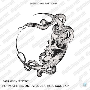 May include: A black and white digital embroidery design featuring a coiled snake wrapping around a human skull, forming a circular shape. The text DIGITIZINGCRAFT.COM appears at the top, with DARK MOON SERPENT and file formats listed below.
