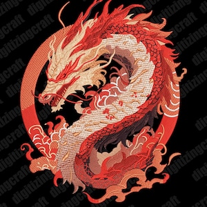 May include: An embroidery design featuring a stylized dragon in shades of red, orange, and cream, coiled within a circular red frame. The dragon has intricate scales, flowing whiskers, and flame-like details. Text includes DIGITIZINGCRAFT.COM, RED DRAGON, and FORMAT: PES, DST, VP3, JEF, EXP, HUS.