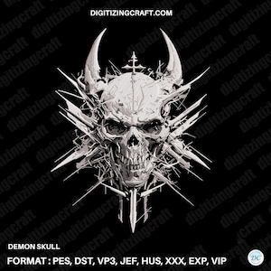 May include: A white embroidered design of a demon skull with sharp horns and radiating spikes on a black background. The text DIGITIZINGCRAFT.COM appears at the top, with DEMON SKULL and file formats PES, DST, VP3, JEF, HUS, XXX, EXP, VIP below.
