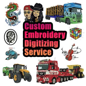 May include: A collection of embroidered designs including a green dragon, two cartoon characters, a logging truck, a microphone, a Rubik's cube, a chameleon, a violin, a tractor, and a red heavy haulage truck with the text Custom Embroidery Digitizing Service.