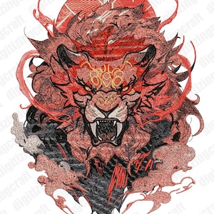 May include: An embroidery design featuring a fierce lion head with a red circular background, flowing red mane elements, and dark gray accents. The text DIGITIZINGCRAFT.COM appears at the top, with LION and FORMAT: PES, DST, VP3, JEF at the bottom.