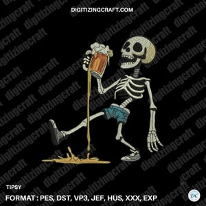 Puede incluir: Un diseño de bordado que muestra un esqueleto con pantalones cortos azules y zapatillas, sosteniendo una jarra de cerveza que derrama líquido al suelo. El diseño incluye el texto DIGITIZINGCRAFT.COM arriba y detalles de formato abajo.