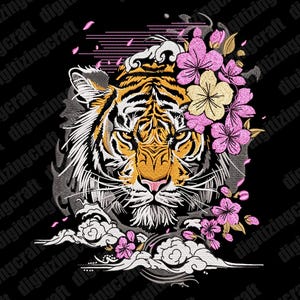 May include: An embroidery design featuring a tiger head with orange, black and white fur, surrounded by pink and gold cherry blossoms and white stylised clouds. The text DIGITIZINGCRAFT.COM appears at the top, with TIGER and file formats below.