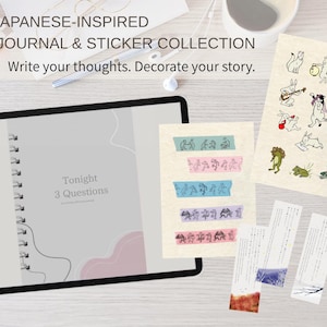 以下が含まれることがあります： Tonight 3 Questionsと書かれたグレーの表紙のリングノート、動物のイラストが描かれたステッカーシート、装飾用のテープシート、そして数枚の長方形のしおりがセットになっています。