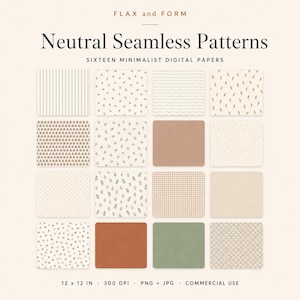Op de afbeelding: Een collectie van zestien digitale papieren met neutrale naadloze patronen, waaronder strepen, golven, stippen, gingham en botanische motieven in beige, terracotta en saliegroen. Tekst: FLAX and FORM Neutral Seamless Patterns.