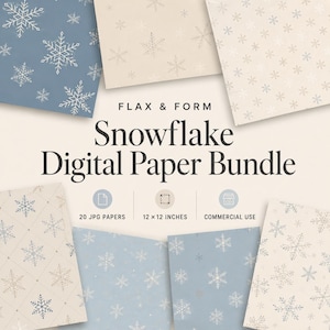 May include: A digital paper bundle featuring snowflake patterns in blue and cream tones. The text reads FLAX & FORM Snowflake Digital Paper Bundle, 20 JPG PAPERS, 12 x 12 INCHES, and COMMERCIAL USE. The design includes various snowflake motifs.