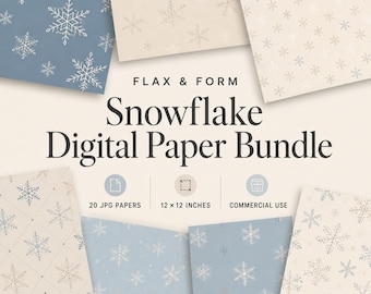May include: A digital paper bundle featuring snowflake patterns in blue and cream tones. The text reads FLAX & FORM Snowflake Digital Paper Bundle, 20 JPG PAPERS, 12 x 12 INCHES, and COMMERCIAL USE. The design includes various snowflake motifs.