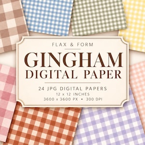 May include: A collection of digital papers featuring various gingham patterns in colors including brown, blue, green, yellow, pink, orange, and purple. A central label displays the text FLAX & FORM GINGHAM DIGITAL PAPER 24 JPG DIGITAL PAPERS 12 x 12 INCHES 3600 x 3600 PX 300 DPI.