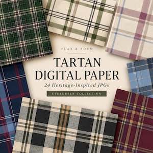 Peut inclure: Une collection de papier numérique présentant divers motifs tartan en vert, bleu, rouge et gris. Le texte central indique FLAX & FORM TARTAN DIGITAL PAPER 24 Heritage-Inspired JPGs EVERGREEN COLLECTION sur un fond crème.
