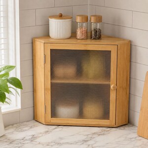 Boîte à pain d'angle, meuble de rangement de comptoir à double niveau avec porte rainurée, deux coloris disponibles
