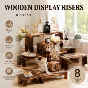 Wood Display Riser Set for Counter Display, Multi Level Stand for Home Organization and Store Presentation