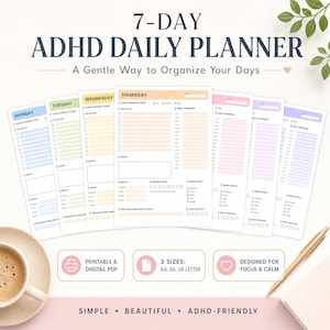 Tagesplaner für ADHS | 7-Tage-Plan | Druckbarer Reinigungsplaner | A4, A5, US Letter | Organisation für Erwachsene | Digitales PDF