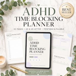 Op de afbeelding: Een ADHD-tijdblokkeringsplanner-set met een digitaal tablet-display, printbare dagelijkse sjablonen, afleidingsdashboards en wekelijkse focusoverzichten. De planner bevat 32 pagina's, A4- en US Letter-formaten en is invulbaar.