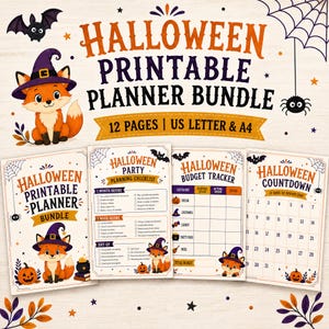 May include: A Halloween printable planner bundle featuring 12 pages in US Letter and A4 sizes. The design includes a fox wearing a purple witch hat, bats, spiders, and webs. Pages include a party planning checklist, budget tracker, and countdown.