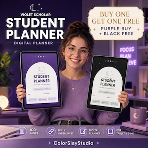 Può includere: Due tablet che mostrano un planner per studenti Violet Scholar con un tema di luna e stelle. Uno schermo mostra uno sfondo viola, l'altro uno sfondo nero. Il testo include 'BUY ONE GET ONE FREE', 'PURPLE BUY + BLACK FREE' e '100+ PAGES'.
