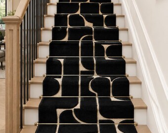 Modern Geometric Stair Runner Rug Black Cream Abstract Hallway Carpet