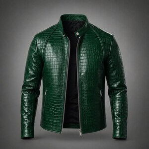 May include: A dark green jacket featuring a textured crocodile skin pattern. The jacket has a stand-up collar with a single snap button closure, a full-length silver-toned front zip, and two vertical zipped pockets on the front panels.