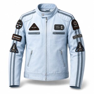 May include: A light blue jacket featuring a stand-up collar, a central zipper, and two chest pockets. The sleeves and chest are decorated with various embroidered patches, including text reading Orbital Dynamics, AMST2 390M, and Chilly, alongside rocket and planet graphics.