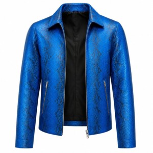 Men's Blue Python Print Leather Jacket, Genuine Leather Snake Print Shirt Jacket, Real Leather Collared Jacket Handmade Leather Gift For Him