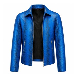 Men's Blue Python Print Leather Jacket, Genuine Leather Snake Print Shirt Jacket, Real Leather Collared Jacket Handmade Leather Gift For Him