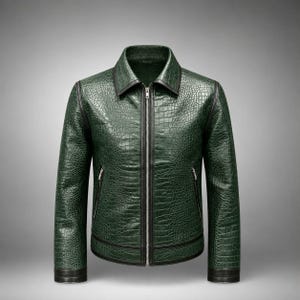May include: A dark green jacket featuring a textured crocodile skin pattern throughout. The garment includes a pointed collar, a central silver-toned zipper closure, and two side pockets with silver zippers. Black trim lines the collar and hem.