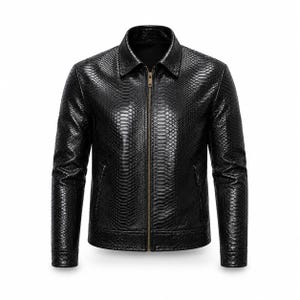 Men's Snakeskin Leather Jacket | Black Python Embossed Biker-Jacket | Exotic-Leather Moto-Coat | Luxury Streetwear | Handmade Leather-Jacket