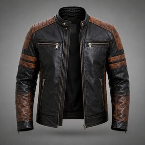 May include: A black leather jacket featuring brown distressed leather panels on the shoulders and sleeves. The jacket includes a stand-up collar with a snap button, a central front zipper, two zippered chest pockets, and two lower zippered pockets.