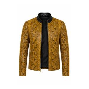 Men's Yellow Python Print Leather Jacket, Genuine Leather Snake Print Biker Jacket, Real Leather Racer Jacket Handmade Gift For Him