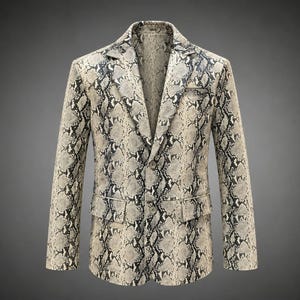 Mens Snakeskin Print Leather Blazer, Python Print Sport Coat, Genuine Leather Jacket, Notch Lapel Two Button, Handmade, Gift for Him