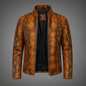 Mens Snake Print Embossed Leather Jacket Python Biker Style Real Leather Motorcycle Jacket, Handmade, Real Leather, Gift for Him