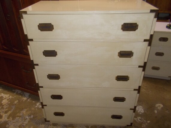 Mid Century Campaign Style Five Drawer Highboy Dresser By Dixie With Brass Hardware