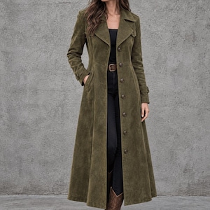 Women’s Long Olive Green Suede Leather Trench Coat, Vintage Duster Jacket, Boho Western Coat, Rustic Leather Jacket, Long Fall Outerwear