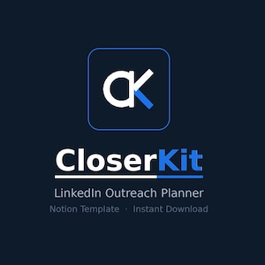 Peut inclure: Un graphique de produit numérique pour le modèle Notion CloserKit LinkedIn Outreach Planner. Le design présente un logo blanc et bleu avec les lettres CK, le texte CloserKit et des sous-titres incluant Notion Template et Instant Download.