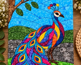 May include: A rectangular fabric quilt panel featuring a vibrant peacock with a multi-colored tail, standing before a stone wall and green landscape under a blue sky. The text Fabric included is printed at the top of the image.