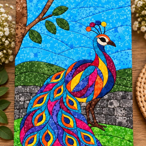 Large Kinusaiga Peacock - Fabric Art Kit:  Cotton Textile Craft (A4) Japanese Art