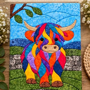 May include: A quilted wall hanging featuring a colourful Highland cow with a multi-coloured coat of red, yellow, blue, and purple fabric pieces. The background shows a blue sky, green hills, and a stone wall. The text Fabric included is at the top.