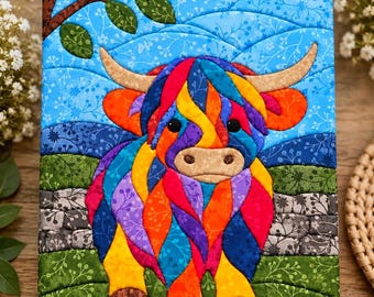 May include: A quilted wall hanging featuring a colorful Highland cow with a multi-colored coat of red, yellow, blue, and purple fabric pieces. The background shows a blue sky, green hills, and a stone wall. The text Fabric included is at the top.