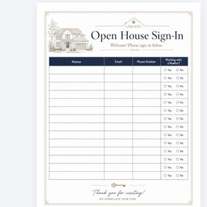 Könnte beinhalten: Ein Open House Anmeldeformular mit einer Hausillustration oben, Spalten für Name, E-Mail, Telefonnummer und Working with a Realtor? mit Ja oder Nein Kästchen. Unten befindet sich ein Schlüsselsymbol und der Text Thank you for visiting.