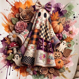 Patchwork Ghost PNG, Floral Halloween Sublimation, Cottagecore Fall Shirt Design,