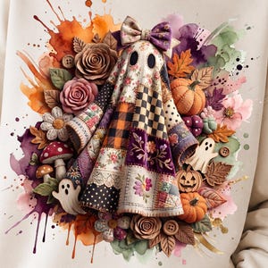 May include: A beige crewneck sweatshirt featuring a central graphic of a ghost draped in a patchwork quilt with floral, plaid, and polka dot patterns. The ghost is surrounded by watercolor-style illustrations of roses, pumpkins, and mushrooms.