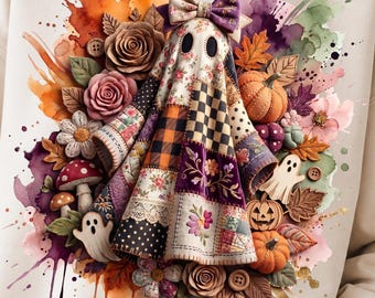 Patchwork Ghost PNG, Floral Cottagecore Halloween Design - Watercolor Quilted Motif, Fall Sublimation Download