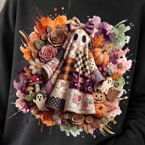 Patchwork Ghost PNG, Floral Halloween Sublimation, Cottagecore Fall Shirt Design,