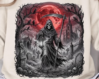 Grim Reaper PNG, Gothic Blood Moon Graveyard Design | Transparent Sublimation Art | 300 DPI, Commercial