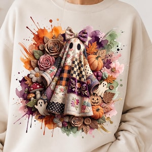 Patchwork Ghost PNG, Coquette Halloween Sublimation Design, Floral Cottagecore Fall Shirt Graphic, Watercolor Autumn Spooky Season PNG