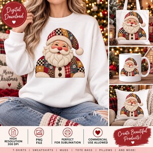 Puede incluir: Una sudadera blanca con un gráfico de Santa Claus que lleva un abrigo y gorro estilo patchwork con varios patrones, incluyendo cuadros, flores y estampado de leopardo. El diseño también aparece en una bolsa de tela, una taza y un cojín blanco.