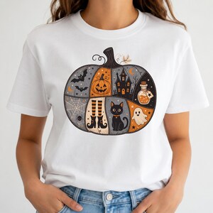 Halloween PNG, Retro Patchwork Pumpkin Design | 300 DPI Transparent, Sublimation Ready For Shirts Tumblers